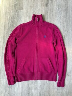 Ralph Lauren Sport Pink Zip Up Sweater Cable Sleeve Mock Neck Small